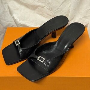 BY FAR Erin Black Creased Leather Sandal Heels Women size 38 or 7-8